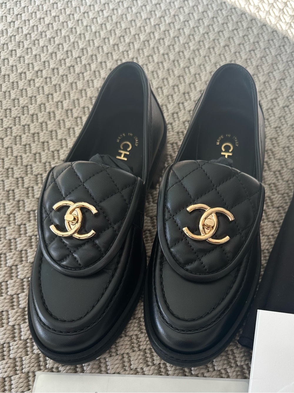 Authentic CHANEL Black Interlock Classic Quilted Leather Loafers with Gold Sz 35